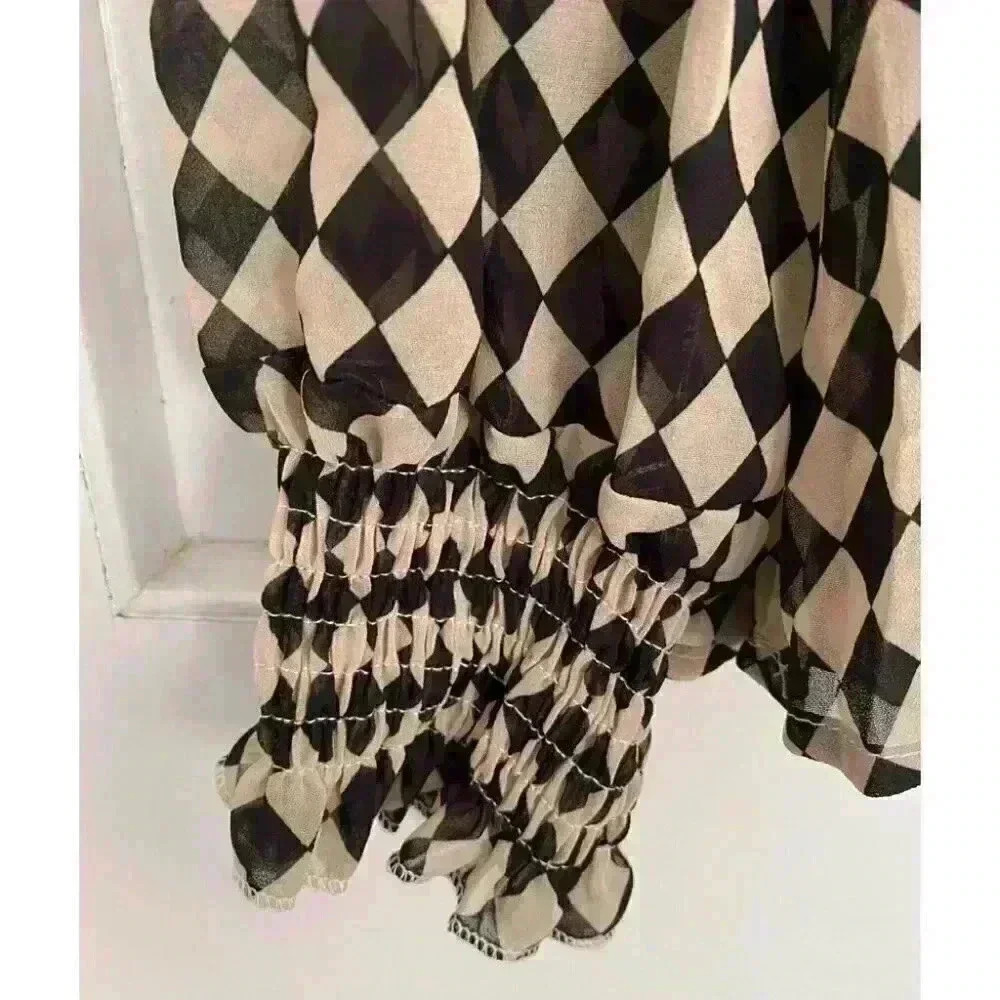 Shein Shirred High Neck Checked Shirt in Brown Check Design - Picture 2 of 7